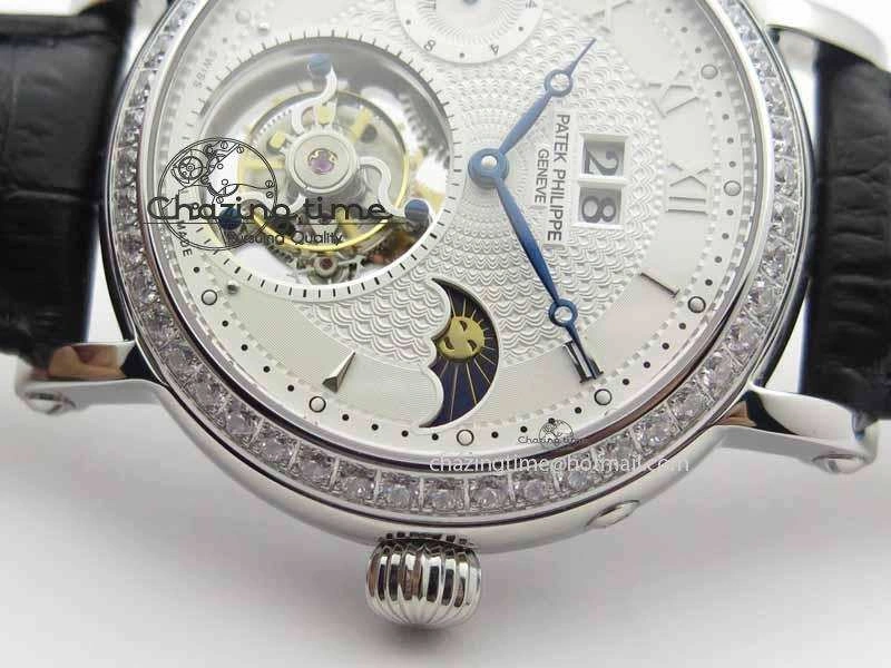 Chic Tourbillon Big Date SS White Textured Dial Diam Bezel On Black Leather Strap 9054