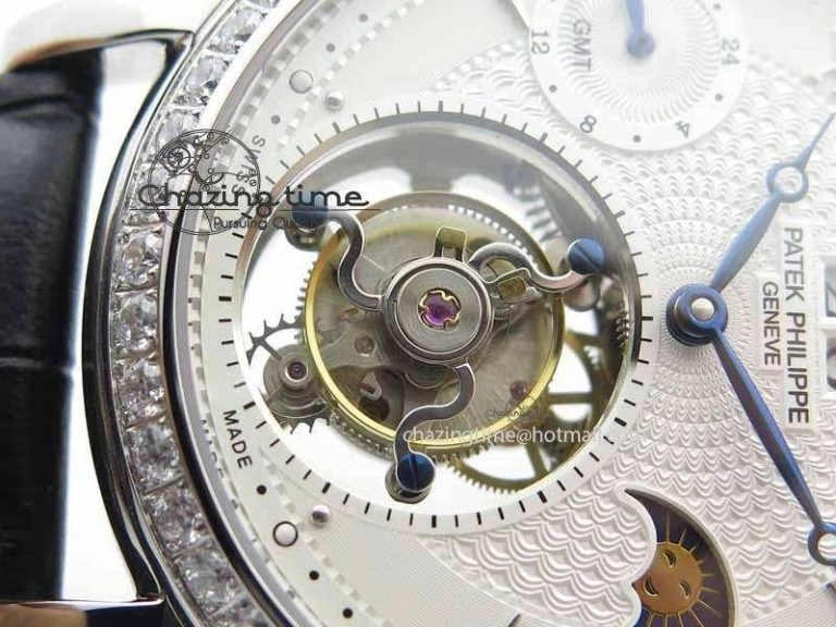 Chic Tourbillon Big Date SS White Textured Dial Diam Bezel On Black Leather Strap 9054