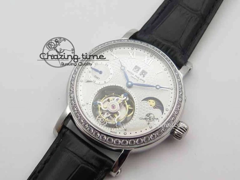 Chic Tourbillon Big Date SS White Textured Dial Diam Bezel On Black Leather Strap 9054