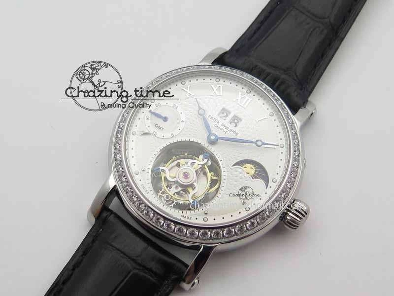 Chic Tourbillon Big Date SS White Textured Dial Diam Bezel On Black Leather Strap 9054