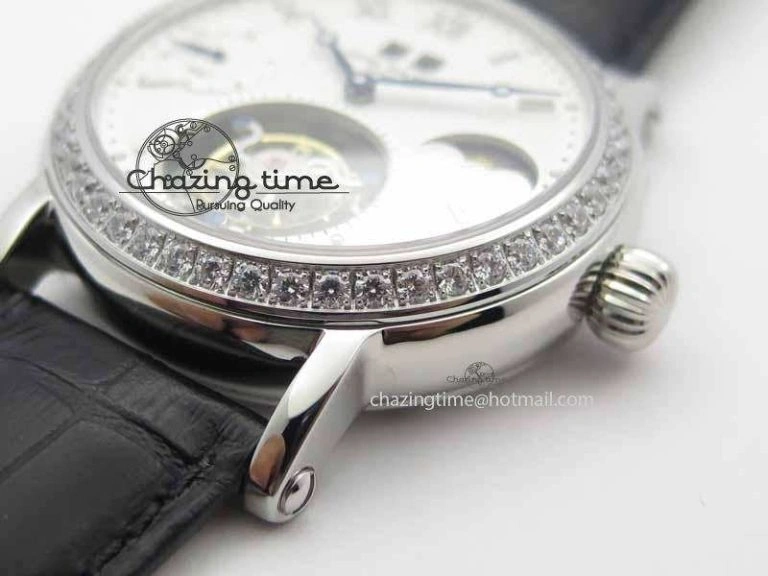 Chic Tourbillon Big Date SS White Textured Dial Diam Bezel On Black Leather Strap 9054