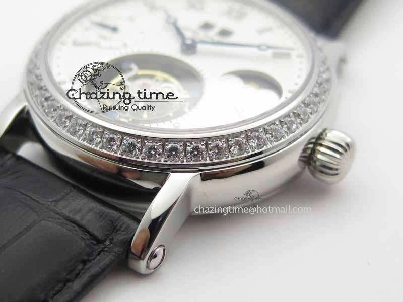 Chic Tourbillon Big Date SS White Textured Dial Diam Bezel On Black Leather Strap 9054