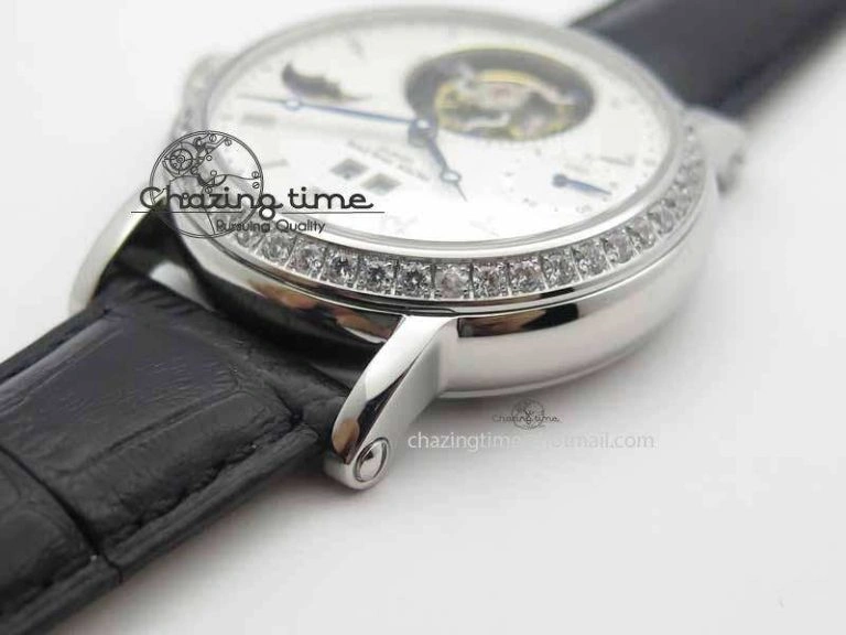 Chic Tourbillon Big Date SS White Textured Dial Diam Bezel On Black Leather Strap 9054