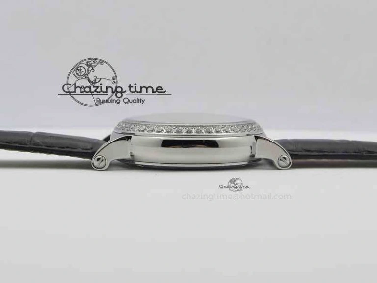 Chic Tourbillon Big Date SS White Textured Dial Diam Bezel On Black Leather Strap 9054