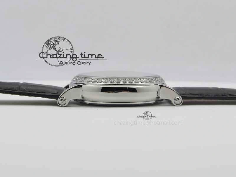 Chic Tourbillon Big Date SS White Textured Dial Diam Bezel On Black Leather Strap 9054