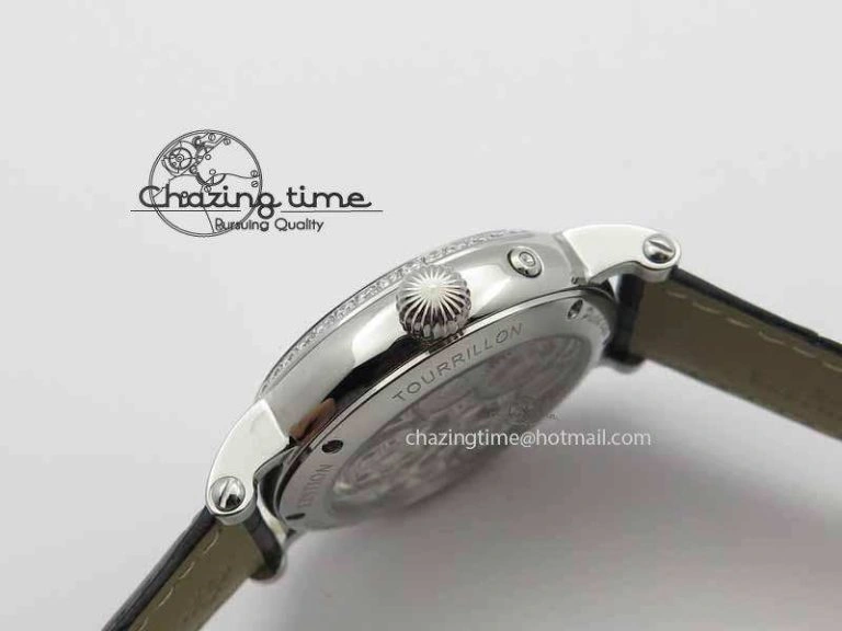 Chic Tourbillon Big Date SS White Textured Dial Diam Bezel On Black Leather Strap 9054