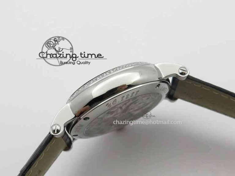 Chic Tourbillon Big Date SS White Textured Dial Diam Bezel On Black Leather Strap 9054