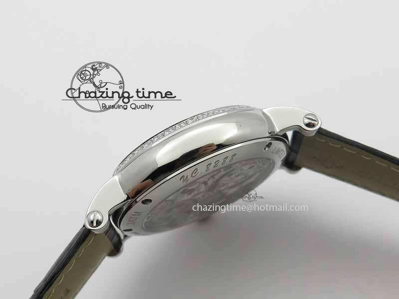 Chic Tourbillon Big Date SS White Textured Dial Diam Bezel On Black Leather Strap 9054