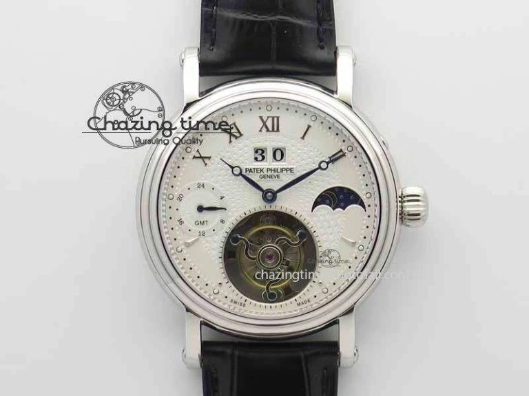 Tourbillon Big Date SS White Textured Dial On Black Leather Strap FastDry 9053