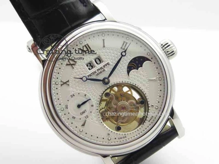 Tourbillon Big Date SS White Textured Dial On Black Leather Strap FastDry 9053
