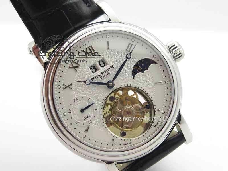 Tourbillon Big Date SS White Textured Dial On Black Leather Strap FastDry 9053