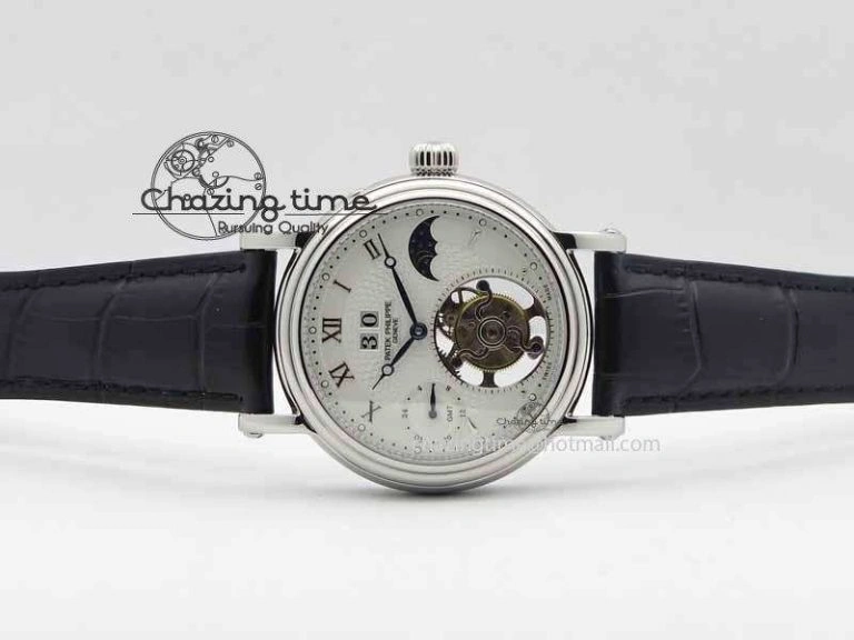 Tourbillon Big Date SS White Textured Dial On Black Leather Strap FastDry 9053