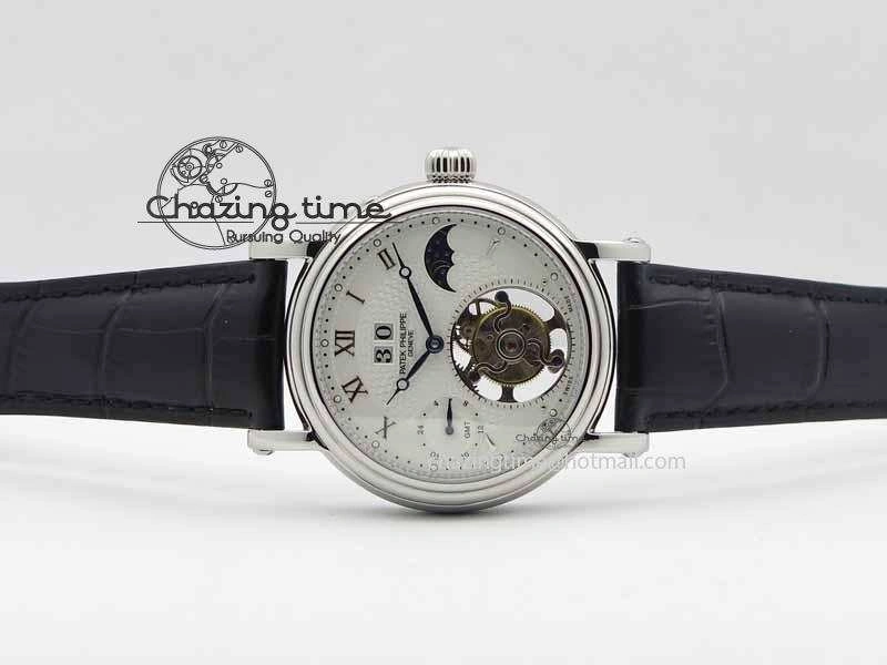 Tourbillon Big Date SS White Textured Dial On Black Leather Strap FastDry 9053