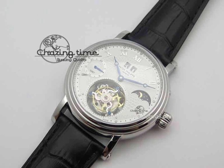 Tourbillon Big Date SS White Textured Dial On Black Leather Strap FastDry 9053