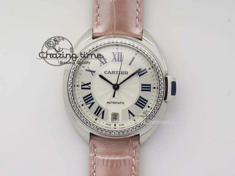 Breathable Cle de Cartier 35mm V6F Best Edition White Textured Dial ( Diamond Bezel) On Leather Strap MIYOTA 6350