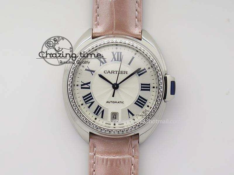 Breathable Cle de Cartier 35mm V6F Best Edition White Textured Dial ( Diamond Bezel) On Leather Strap MIYOTA 6350