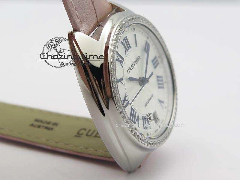 Breathable Cle de Cartier 35mm V6F Best Edition White Textured Dial ( Diamond Bezel) On Leather Strap MIYOTA 6350