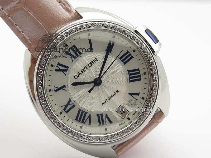 Breathable Cle de Cartier 35mm V6F Best Edition White Textured Dial ( Diamond Bezel) On Leather Strap MIYOTA 6350