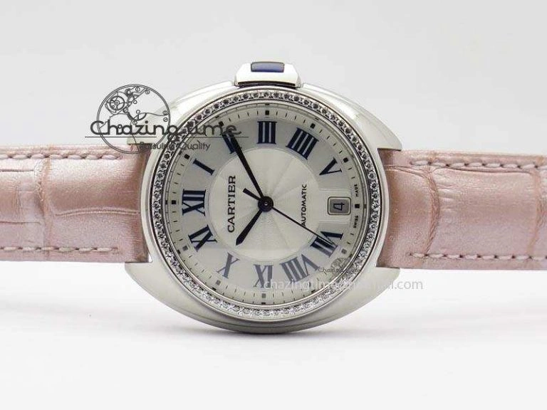 Breathable Cle de Cartier 35mm V6F Best Edition White Textured Dial ( Diamond Bezel) On Leather Strap MIYOTA 6350