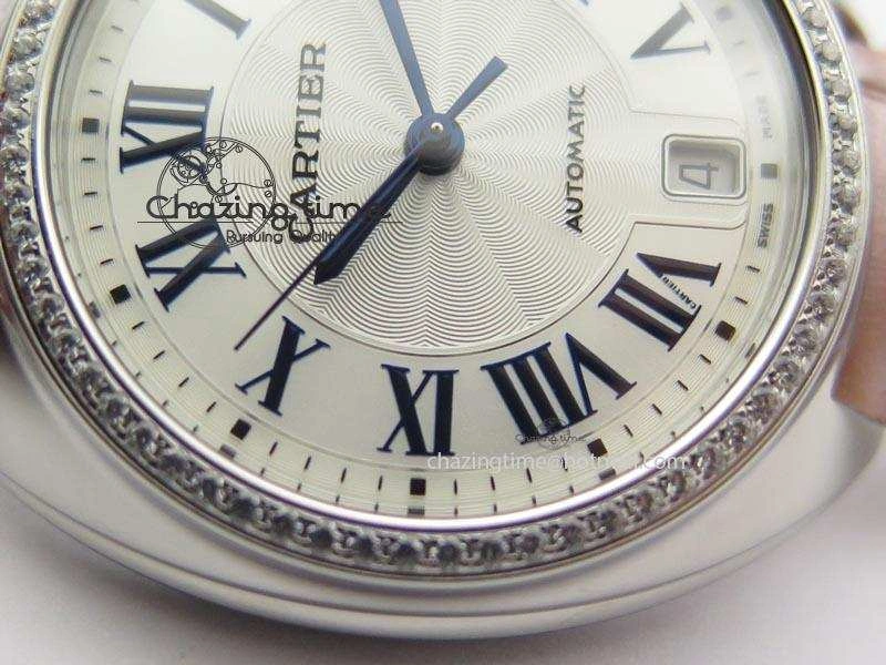 Breathable Cle de Cartier 35mm V6F Best Edition White Textured Dial ( Diamond Bezel) On Leather Strap MIYOTA 6350