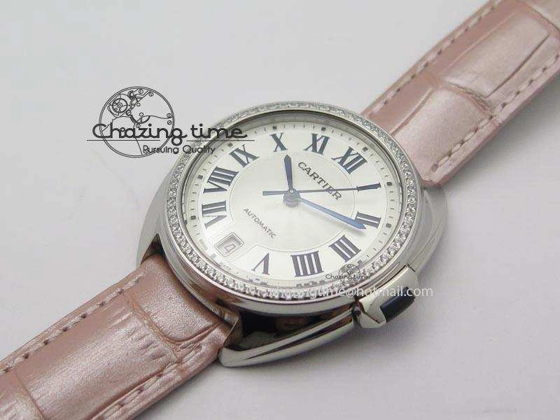 Breathable Cle de Cartier 35mm V6F Best Edition White Textured Dial ( Diamond Bezel) On Leather Strap MIYOTA 6350