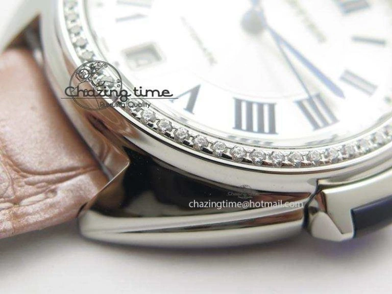 Breathable Cle de Cartier 35mm V6F Best Edition White Textured Dial ( Diamond Bezel) On Leather Strap MIYOTA 6350