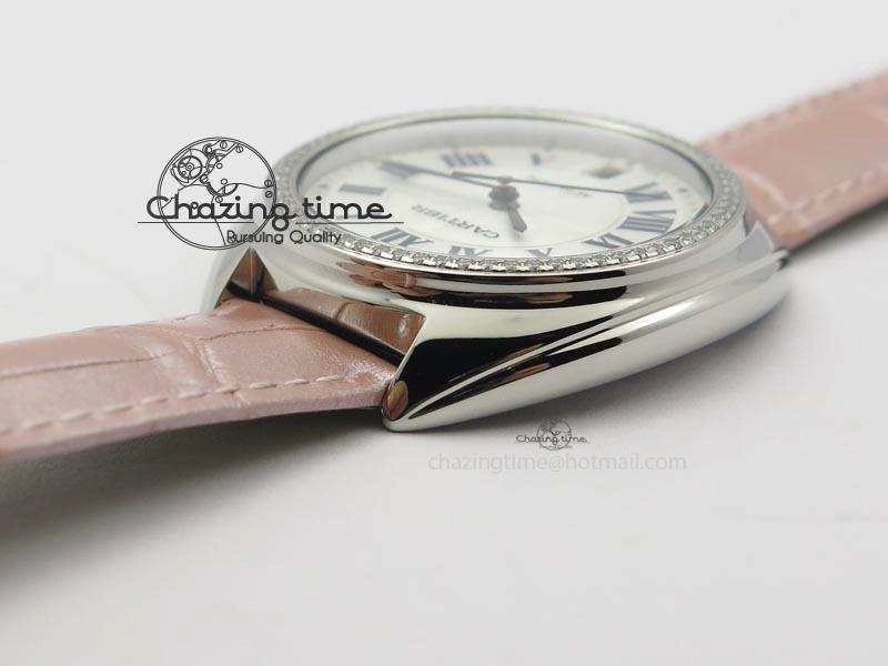 Breathable Cle de Cartier 35mm V6F Best Edition White Textured Dial ( Diamond Bezel) On Leather Strap MIYOTA 6350