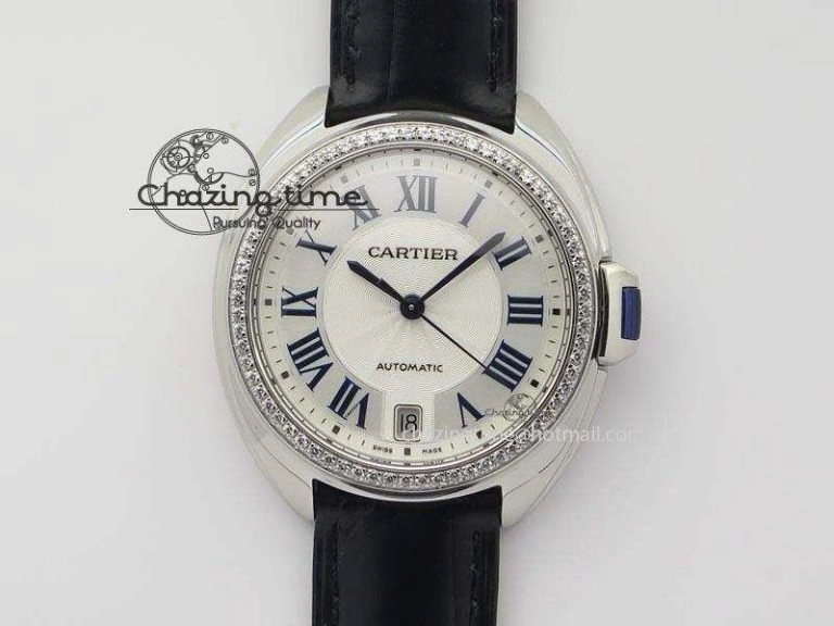 Breathable Cle de Cartier 35mm V6F Best Edition White Textured Dial ( Diamond Bezel) On Leather Strap MIYOTA 6350