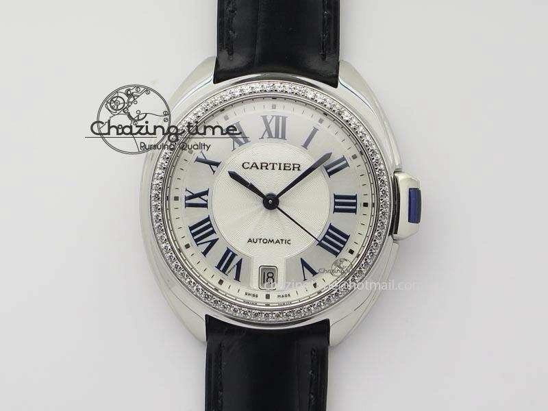 Breathable Cle de Cartier 35mm V6F Best Edition White Textured Dial ( Diamond Bezel) On Leather Strap MIYOTA 6350