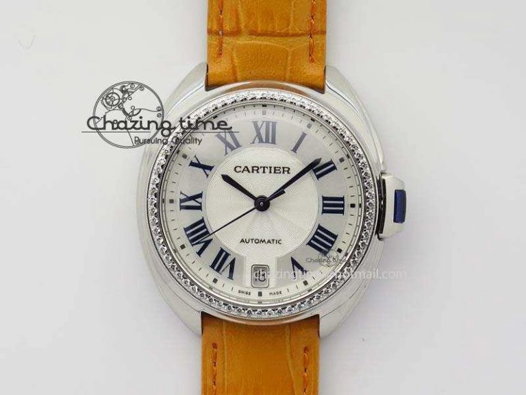 Breathable Cle de Cartier 35mm V6F Best Edition White Textured Dial ( Diamond Bezel) On Leather Strap MIYOTA 6350
