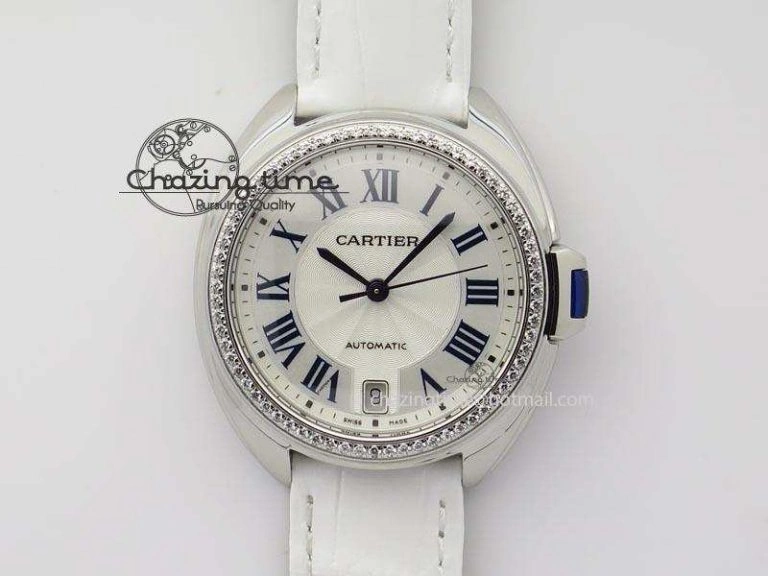 Breathable Cle de Cartier 35mm V6F Best Edition White Textured Dial ( Diamond Bezel) On Leather Strap MIYOTA 6350