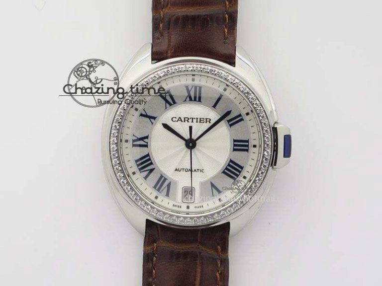 Breathable Cle de Cartier 35mm V6F Best Edition White Textured Dial ( Diamond Bezel) On Leather Strap MIYOTA 6350