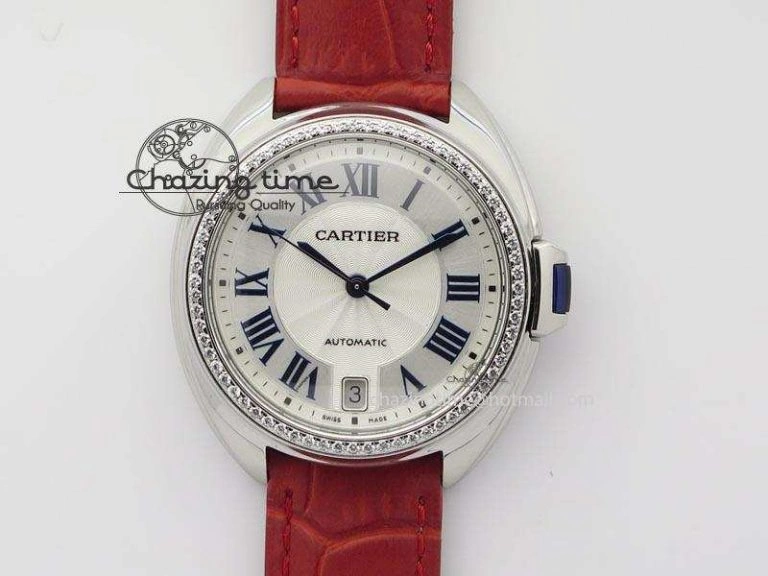 Breathable Cle de Cartier 35mm V6F Best Edition White Textured Dial ( Diamond Bezel) On Leather Strap MIYOTA 6350