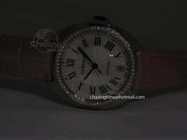 Breathable Cle de Cartier 35mm V6F Best Edition White Textured Dial ( Diamond Bezel) On Leather Strap MIYOTA 6350