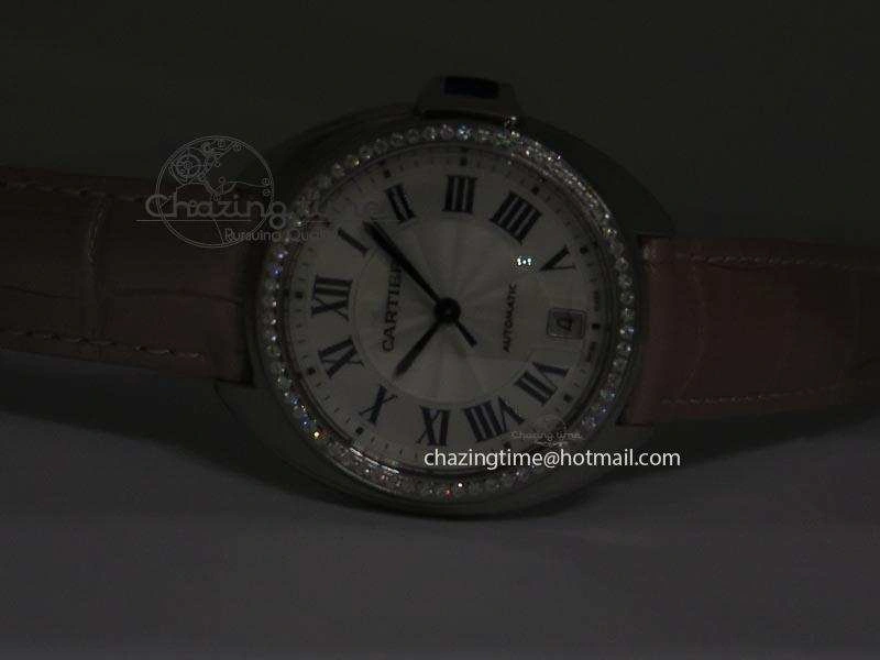 Breathable Cle de Cartier 35mm V6F Best Edition White Textured Dial ( Diamond Bezel) On Leather Strap MIYOTA 6350
