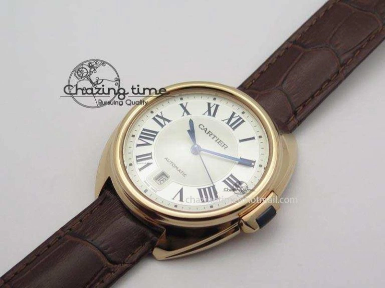 MoistureWicking Cle de Cartier RG 35mm V6F Best Edition White Textured Dial On Deep Brown Leather Strap MIYOTA 6345