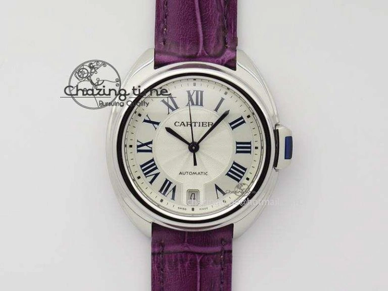 OdorResistant Cle de Cartier SS 35mm V6F Best Edition White Textured Dial On Purple Leather Strap MIYOTA 6348