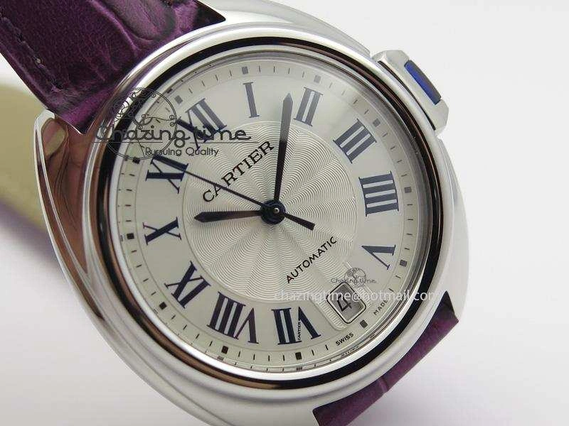 OdorResistant Cle de Cartier SS 35mm V6F Best Edition White Textured Dial On Purple Leather Strap MIYOTA 6348