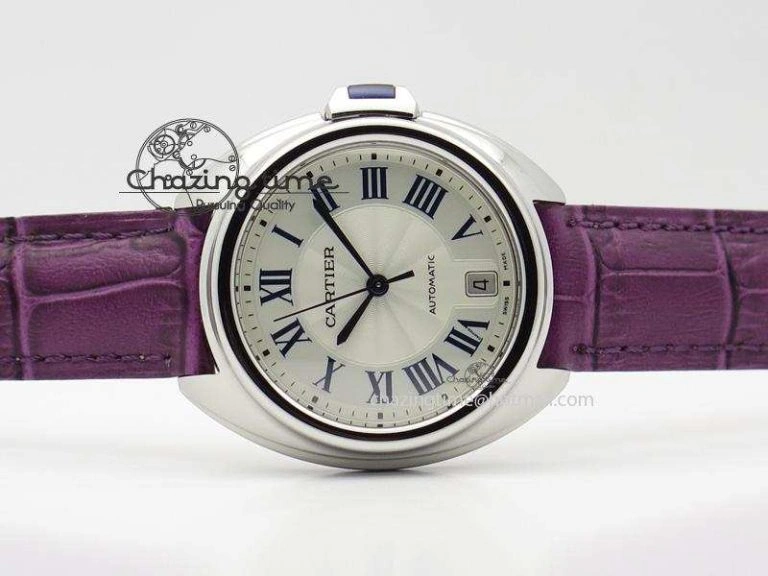 OdorResistant Cle de Cartier SS 35mm V6F Best Edition White Textured Dial On Purple Leather Strap MIYOTA 6348