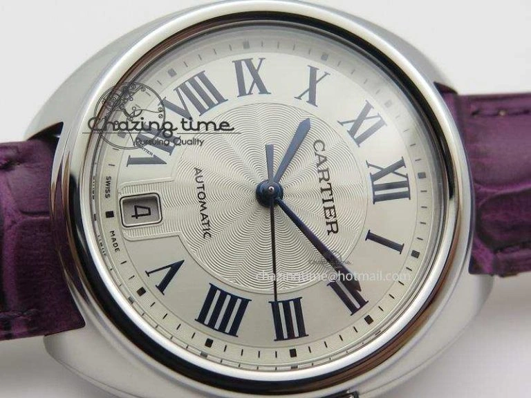 OdorResistant Cle de Cartier SS 35mm V6F Best Edition White Textured Dial On Purple Leather Strap MIYOTA 6348