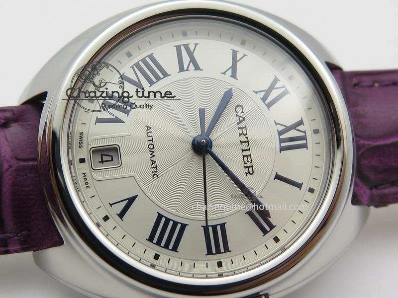 OdorResistant Cle de Cartier SS 35mm V6F Best Edition White Textured Dial On Purple Leather Strap MIYOTA 6348