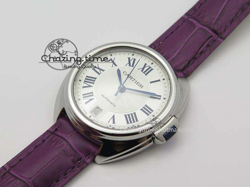 OdorResistant Cle de Cartier SS 35mm V6F Best Edition White Textured Dial On Purple Leather Strap MIYOTA 6348