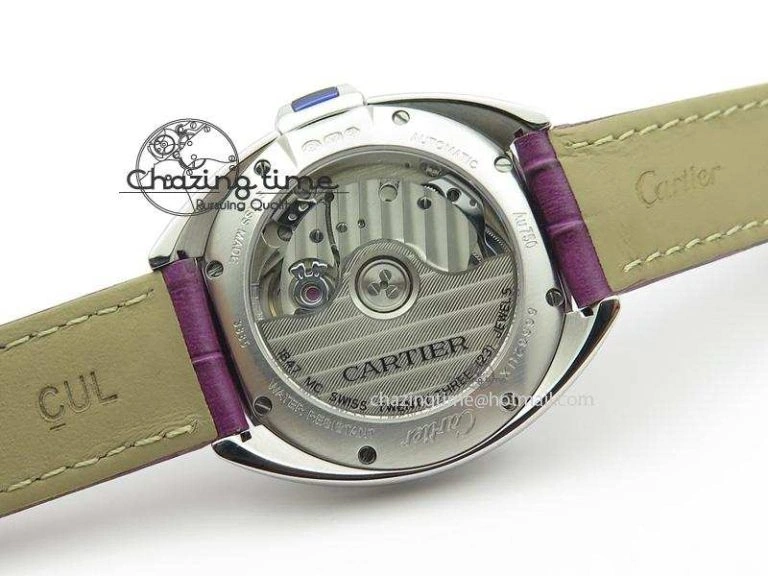 OdorResistant Cle de Cartier SS 35mm V6F Best Edition White Textured Dial On Purple Leather Strap MIYOTA 6348