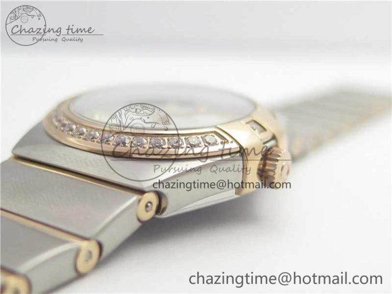 Constellation Ladies 27mm ZF 1:1 Best Edition SS RG White MOP Dial Diamonds Bezel & Markers on SS RG Bracelet ETA Quartz GoAnywhere 10576