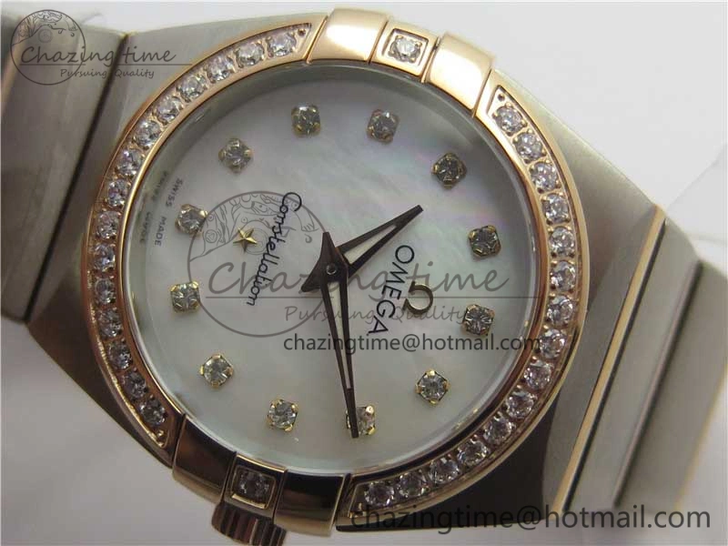 Constellation Ladies 27mm ZF 1:1 Best Edition SS RG White MOP Dial Diamonds Bezel & Markers on SS RG Bracelet ETA Quartz GoAnywhere 10576