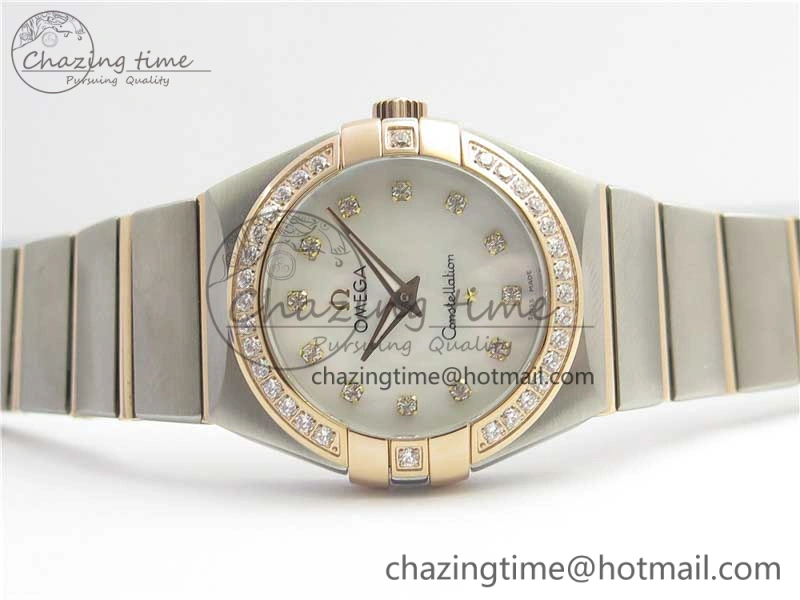 Constellation Ladies 27mm ZF 1:1 Best Edition SS RG White MOP Dial Diamonds Bezel & Markers on SS RG Bracelet ETA Quartz GoAnywhere 10576