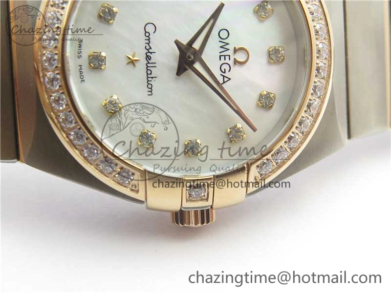 Constellation Ladies 27mm ZF 1:1 Best Edition SS RG White MOP Dial Diamonds Bezel & Markers on SS RG Bracelet ETA Quartz GoAnywhere 10576