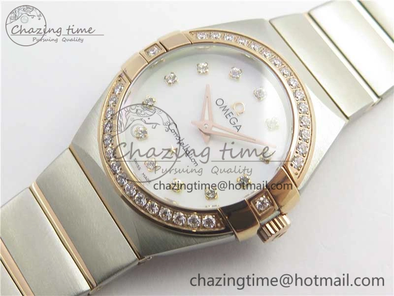 Constellation Ladies 27mm ZF 1:1 Best Edition SS RG White MOP Dial Diamonds Bezel & Markers on SS RG Bracelet ETA Quartz GoAnywhere 10576