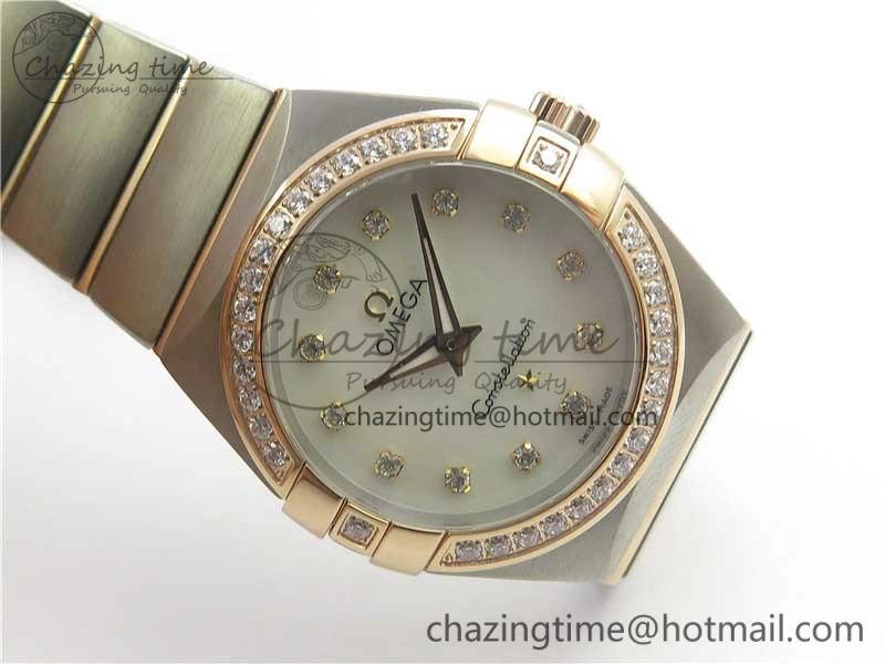 Constellation Ladies 27mm ZF 1:1 Best Edition SS RG White MOP Dial Diamonds Bezel & Markers on SS RG Bracelet ETA Quartz GoAnywhere 10576