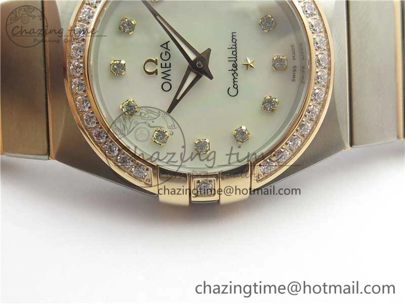 Constellation Ladies 27mm ZF 1:1 Best Edition SS RG White MOP Dial Diamonds Bezel & Markers on SS RG Bracelet ETA Quartz GoAnywhere 10576